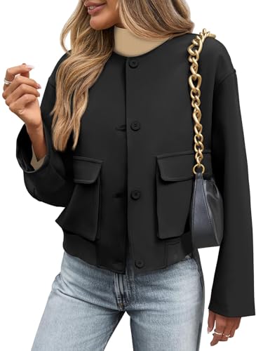 Tankaneo Womens Cropped Bomber Jackets Casual Button Down Collarless Shackets Crewneck Loose Fit Coat