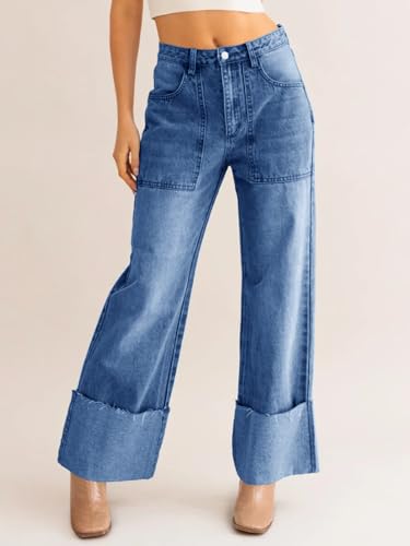 PLNOTME Womens Baggy Cuffed Jeans Casual Straight Leg Boyfriend Denim Pants with Pockets4