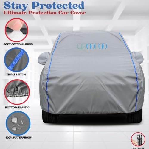 Image of GROOFOO Waterproof Car Body Cover with Mirror Pockets Compatible with Toyota Glanza | Triple Stitch Blue Piping Car Cover UV & Dust Proof All-Weather Protection, Adjustable Buckle (Grey)