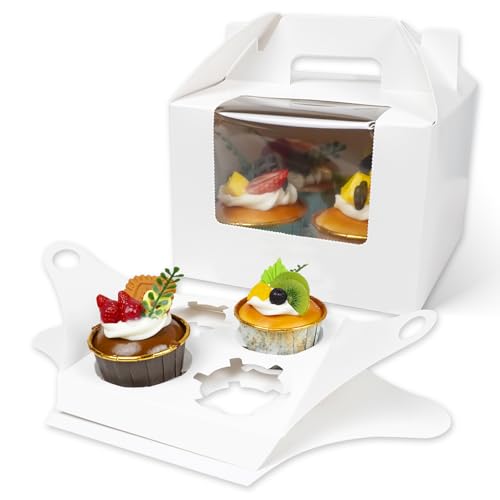 25 Pcs Cupcake Boxes, White Kraft 4-Cavity Cupcake Holders with Inserts and Window, 4 Treat Holder Cupcake Containers for Muffins Cocoa Bombs Packaging Togo Boxes Birthdays Showers Party Favors