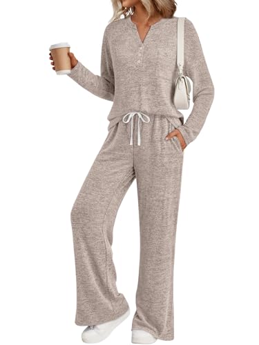 LILLUSORY Womens 2 Piece Lounge Sets Winter Outfits 2026 Sweatsuit Matching Pjs Airport Vacation Travel Fall Pajamas Fashion Khaki M