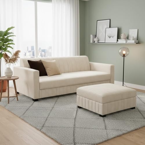 Image of FURNY Almora 4 Seater L Shape Sofa Set with Movable Ottoman | Flexible Left or Right Layout | Plush Velvet Fabric (Cream) | Perfect for Living Room, Guest Room & Office