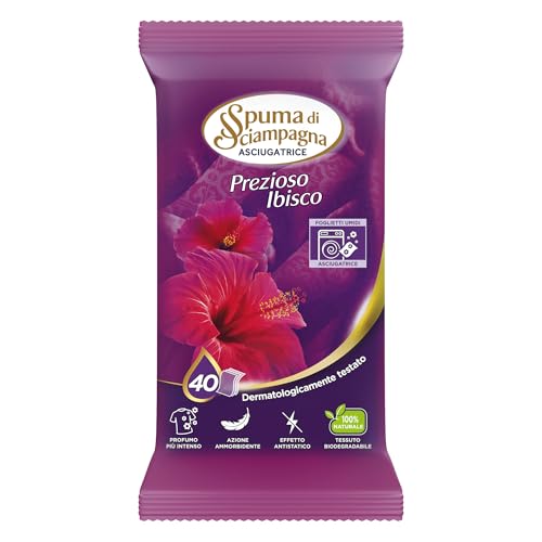 Spuma di Sciampagna - Foglietti Umidi Asciugatrice Fragranza Ibisco, Origini 100% Naturali e Biodegradabili, Dermatologicamente Testati con Azione Ammorbidente - 40 Foglietti