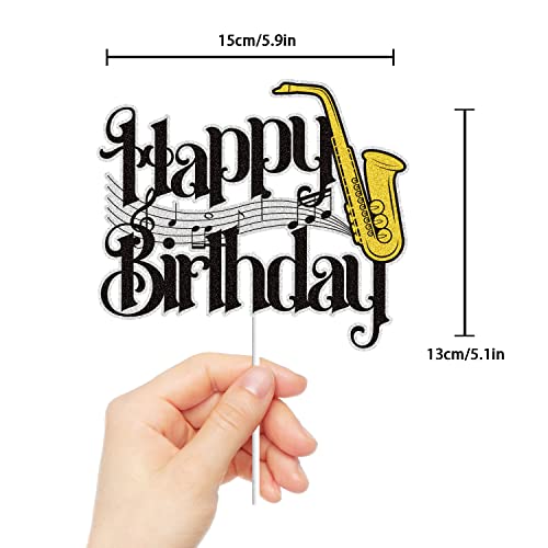 Saxophone Happy Birthday Cake Topper Black Gold Glitter Saxophone Musical Music Notes Cake Decorations Music Lovers Band Themed Birthday Party Supplies For Musician #TOP1