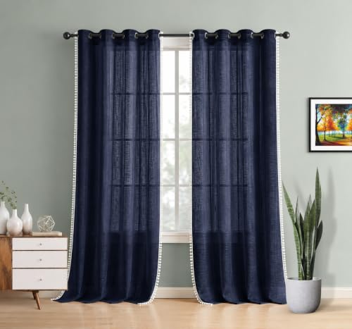 Image of THE LINEN COMPANY Cotton Linen Solid Curtain Set with Eyelet Rings (Dark Blue, Door- 7.5 Feet)