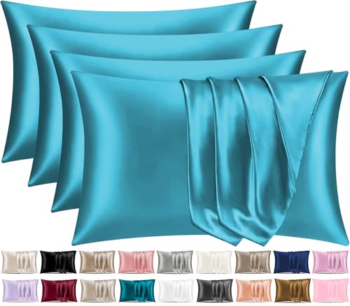 Pamposh Satin Silk Pillowcases For Hair And Skin 4 Pack Standard Size with Envelope Closure (Teal, 4 Pcs Pillowcases (50 x 75 cm))