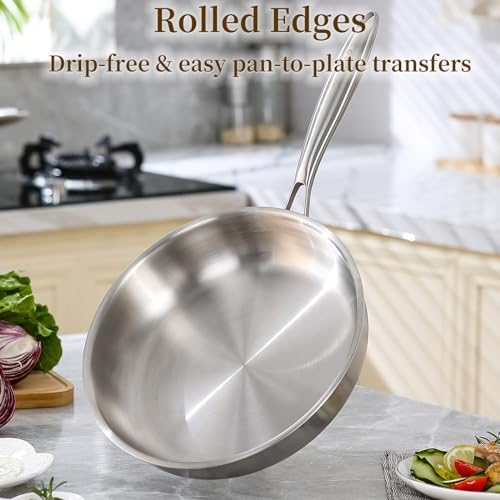 DELARLO Stainless Steel Pan丨10 Inch Skillet with Lid丨Oven Safe Up to 600℉丨Triply Stainless Steel Cookware丨Stainless Steel Pan 10 in丨Induction Compatible丨Fast Even Heat丨Large Cooking Surface - Thumbnail 4