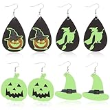 AMUSLESUR Pendientes Colgantes de Halloween 4 Pares de Cuero Diseño de Calabaza Luminosa y Sombrero de Bruja, Accesorios Divertidos para Mujer y Niña, Ideales para Fiestas de Disfraces