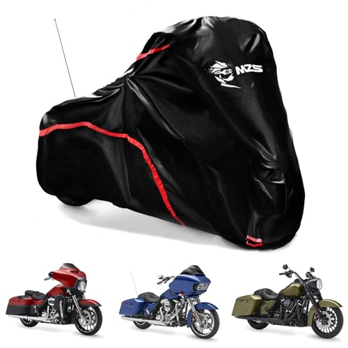 MZS Motorcycle Cover Waterproof Outdoor, 420D All Season Weather Touring Protection Cover Storage fit up to 107" Compatible With Road King Electra Street Glide Ultra Revial Heritage Vulcan Wing