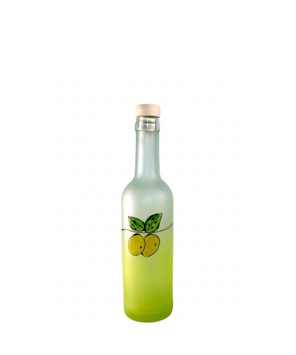 Bottiglia per Liquore Satinata Limoncello 375 ml con Tappo 12 pezzi | Decoro Limoni Dipinto, Finitura Satinata, Tappo a Fungo in Legno, Altezza 24 cm, Sfumatura Giallo-Verde