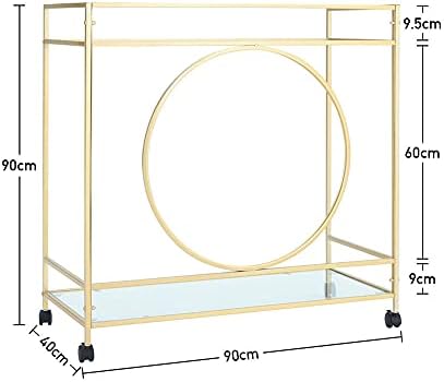 Bar Serving Trolley Cart with Wine Rack, 2-Tier Industrial Kitchen Storage Trolleys with Wheels, Drinks Trolley with Glass Shelves, Kitchen Serving Cart for Home and Restaurant, Gold