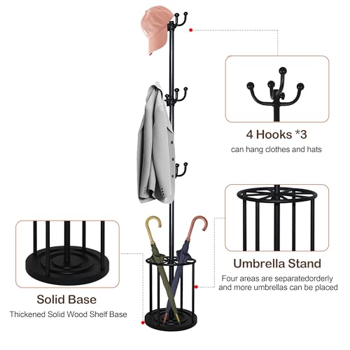 WeGXY Solid Coat Rack Freestanding, Coat Rack Stand with Umbrella Holder, Coat Tree, Coat Hanger Stand with 12 Hooks for Clothes Bag Hats, Used in Bedroom Office Living Room Entryway-Black - Thumbnail 3