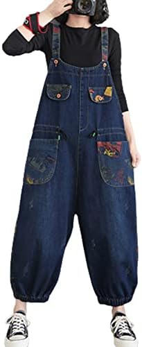 Women's Dungarees Vintage Printed Loose Casual Baggy Sleeveless Overall Long Jumpsuit Playsuit Trousers Pants Dungarees