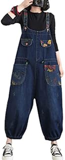 Women's Dungarees Vintage Printed Loose Casual Baggy Sleeveless Overall Long Jumpsuit Playsuit Trousers Pants Dungarees