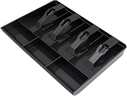 Image of Cash Drawer Insert Tray with 5 Bill Compartments and 4 Coin Sections, Plastic Currency Organizer with Spring Clips, Black