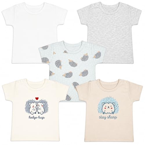 KIDS STYLE Baby Jungen T-Shirt Reine Baumwolle Kurzarm Shirts Unterhemden Set, Bekleidungsgröße: 92, Farbe: Set 1 5er Pack Igel Beige