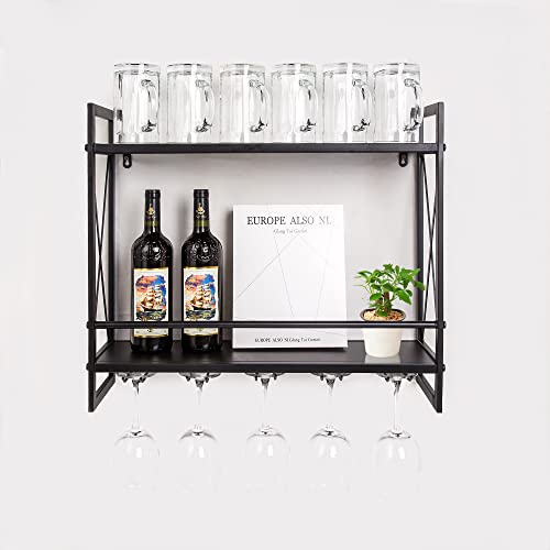 Industrielle Wandmontage-Weinregale, 61,5 cm, rustikaler Metall-Hänge-Weinhalter, 2 Etagen, Wandhalterung, Flaschenhalter mit 5 Stiel-Glasregal, Aufbewahrungsregale Wandregal (schwarz) Cover