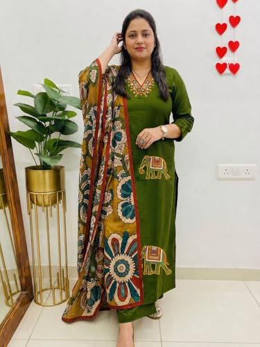 Image of ANNI Designer Kurta Set for Women Viscose Embroidered | Kurta Pant Dupatta Set for Woman | Straight 3 Piece Outfit V Neck 3 /4 Sleeve Stylish Ethnic Dress Trendy Womens Clothing