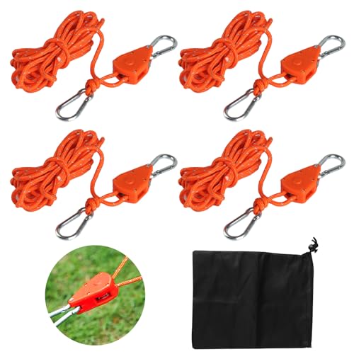 4 Pcs Cordes à Cliquet avec Crochets, 4m Crochets à Cliquets, Sangle à Cliquets, Tendeur de Corde Réfléchissants Réglable, Cliquet de Poulie à Corde...