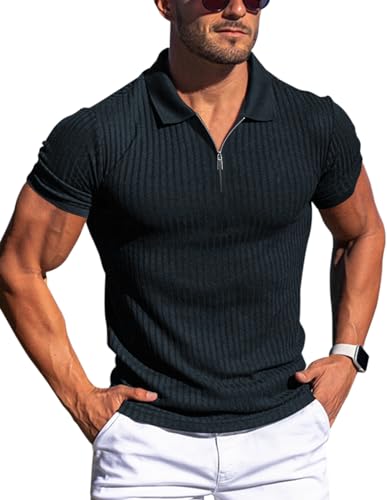 Gnvviwl Zipper Muscle Polo Shirts for Men Slim Fit Short Sleeve Cotton Ribbed Knit Golf Shirt Navy Blue