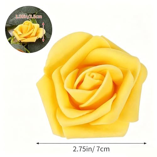 Image of 100Pcs Realistic Yellow Artificial Rose Flower Heads, Fake Yellow Foam Roses for DIY Wedding Decorations Baby Shower Centerpieces Home Party Valentine's Day Mother's Day Decor