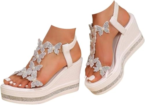 Women's High Heel Wedge Sandals Platform Fashionable Butterfly Decoration Rhinestones Cute Slides Sandals Platform Elastic Strap Boho Summer Beach2