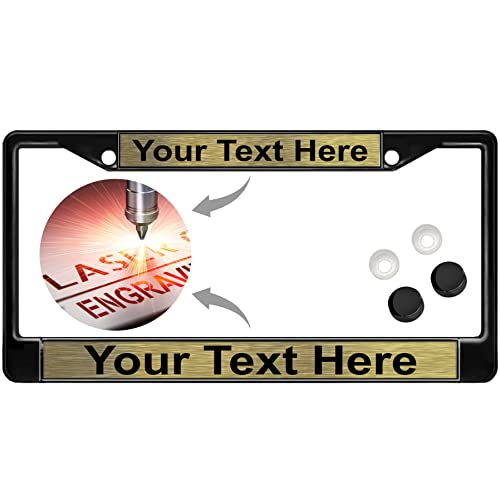 Image of Custom Personalized Black Powder-Coated Metal Laser Engraved Standard Size - Car /Automobile License Plate Frame with Free caps - Gold /Black Text (Qty: 1 Frame)