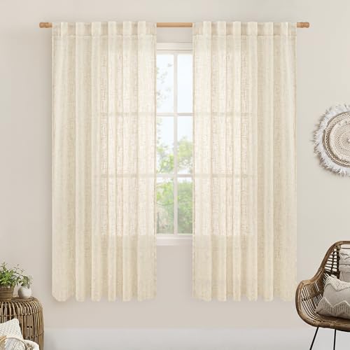 LAMIT Beige Linen Curtains for Living Room 2 Panels Set, 68 Inch Faux Linen Textured Light Filtering Drapes Back Tab and Rod Pocket Boho Panels for Farmhouse/Bedroom/Porch, 52 x 68 Inch