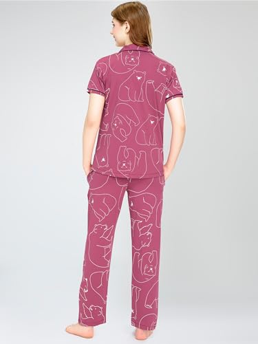 Image of ZEYO Night Suit for Women's Polar Bear Printed Cotton Night Dress of Shirt and Pajama Set 5756