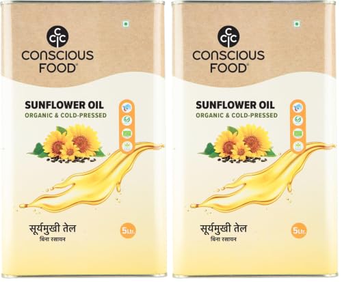 Image of Conscious Food Cold Pressed Sunflower Oil | 5 Litre | Natural | Healthy Cooking Oil | Tin Can | High in Antioxidants, Delicious & Healthy (Pack of 2)