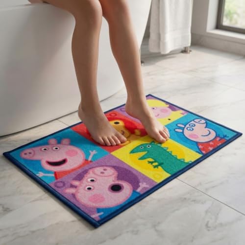Image of Athom Living Peppa Pig Kids Bathmat - Multi-Colour Nylon, Anti-Skid with Durable Latex Backing, Fun Superhero Design, Easy to Clean, Perfect Entryway or Playroom Mat, 37x57 cm, Pack of 1