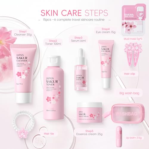 ChicNana Skin Care Set, Gift Sets Skin Care Kit for Teenage Girls - JAPAN Cherry Blossom Skincare Sets Cleanser, Toner, Serum, Face Cream, Travel Kit for Women Kids Teenagers(15pcs)