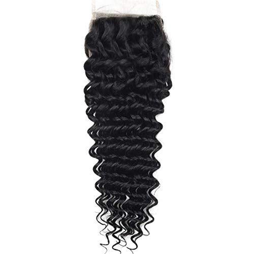 ANGIE QUEEN Human Hair Free Part Closure Brazilian Lace Closure Deep Wave Human Hair Closure Unprocessed Virgin Hair 130% Density Lace Closure Free Part Natural Color Hair Bleached Knots 20Inch