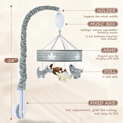 Feisike Baby Crib Mobile 28" Height With 3 Modes Musical Box(Turn Only,Music Only,Turn & Music),12 Lullabies,Volume Control,Nursery Toys For Newborn Ages 0 And Older,Gray,Dinosaur Jurassic Theme Toys #TOP2