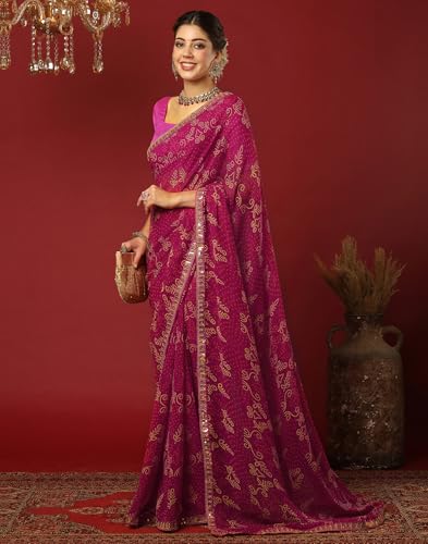 Image of SIRIL Women's Georgette Bandhani Printed Saree With Unstitched Blouse Piece
