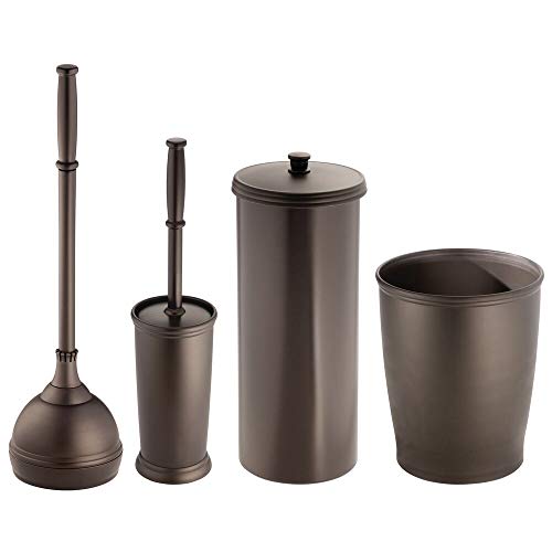 MetroDecor mdesign Bowl Brush, Plunger, Toilet Paper Holder, Round Wastebasket Trash Can, Bronze, Set of 4