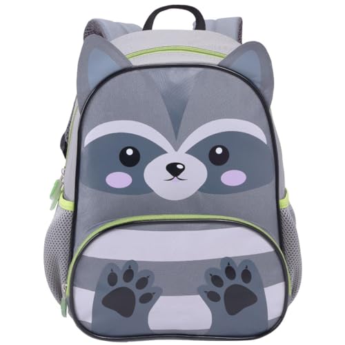 Mochila de Costas Pré Escolar Passeio Infantil, com Alças Acolchoadas, Bolsos Laterais, Design Divertido, P/Criança, Material Resistente (Guaxinim - Cinza)