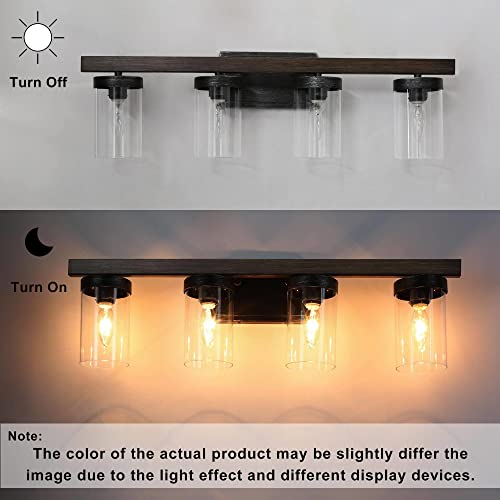 Image of Farmhouse Bathroom Light Fixtures, 4-Light Vanity Lighting Fixtures with Clear Glass Shade in Faux Wood & Black Silver Brushed Finish(28 inch in Length)