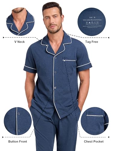 Image of COLORFULLEAF 100% Cotton Mens Pajamas Set Short Sleeve Loungewear with Long Pants Button Down Sleepwear Soft Comfy Pj for Men