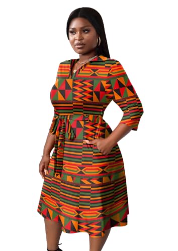 Image of FANDEE Plus Size Midi Dress for Women - Printing Summer Dresses for Wedding Guest Cocktail Party 3 /4 Sleeve V Neck（L-5XL）