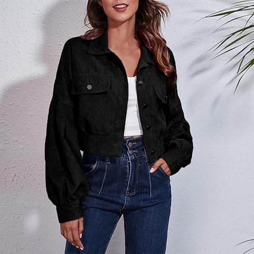 Women's Corduroy Cropped Jacket Button Down Long Sleeve Lapel Collar Casual Shacket Solid Color Fall Fashion Coats2