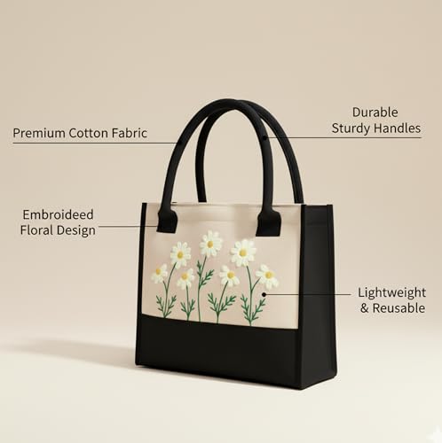 Image of Cotton Tote Bag For Woman Stylish | Embroidered Canvas Hand Bag With Floral Design | Casual Shoulder Bag Zipper For College Girls, Office, Daily Use, Travel, Beach, Shopping