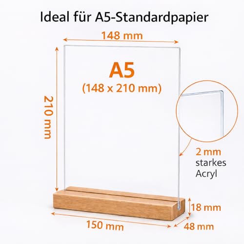 Expositores de mesa A5 de acrílico y madera | Pack de 5 soportes verticales 8