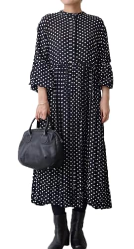 [DYIOPMFGZ] レディース ドットワンピース プリーツスカート フレアスカート ロングスカート チュニック 長袖 水玉プリント クールネック ファッション おしゃれ 体型カバー 大きいサイズ ハイウエスト 韓国 上品 通勤 春秋冬 (ブラック,L)