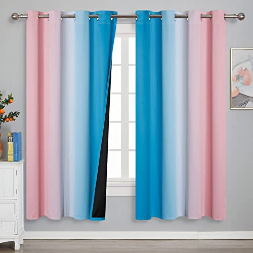 Estelar Textiler Ombre Pink and Blue Blackout Curtains 72 Inch Length 2 Panels, Full Light Blocking Curtains for Bedroom, Grommet Thermal Insulated Gradient Drapes for Living Room, 52x72 Inch