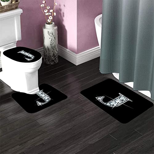 Badezimmerteppich-Set, 3-teilig, Bling Atemberaubendes schönes J in Diamanten und Silberraster, waschbare Badteppiche, rutschfest, mit Rückenpolster, Konturteppich und Toilettendeckelbezug – Bild 4