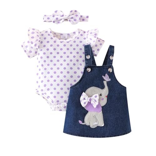 Image of Baby Girl Clothes Newborn Ruffle Romper Elephant Jeans Skirt 0-18M | Soft Romper, Adjustable Jean Skirt with Headband Elephant Butterfly Design, Snap Closure, Everyday Wear