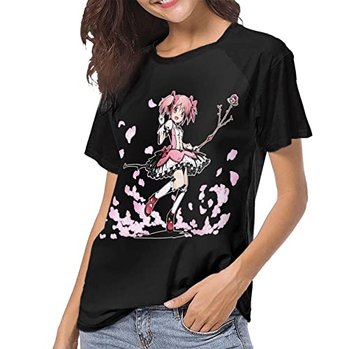 Anime Puella Magi Madoka Magica T Shirt Women's Stylish Crew Neck T-Shirts Baseball Short Sleeves Tee Black