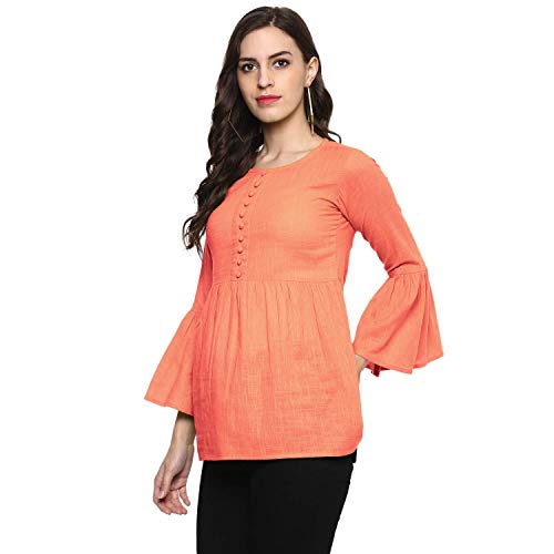 Image of Cotton Plain and Solid Bell Sleeve A-Line Short Round Neck Flared Tunic Top for Girls Women