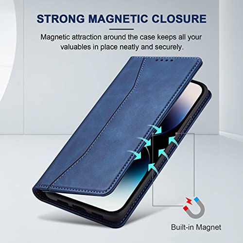 Image of Jasonyu Flip Wallet Case for iPhone 14 Pro 5G,Leather Magnetic Folio Cover with Card Holder,Kickstand - TPU Shockproof Durable Protective Phone Case,Blue